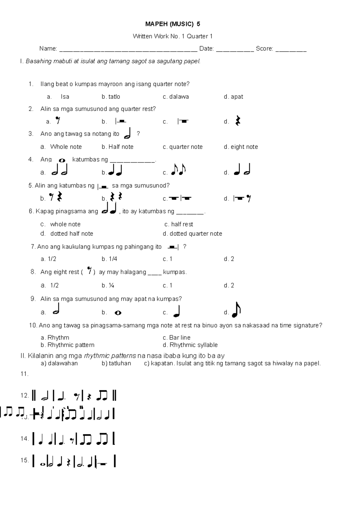Summative test Mapeh module 1 2 - MAPEH (MUSIC) 5 Written Work No. 1 ...