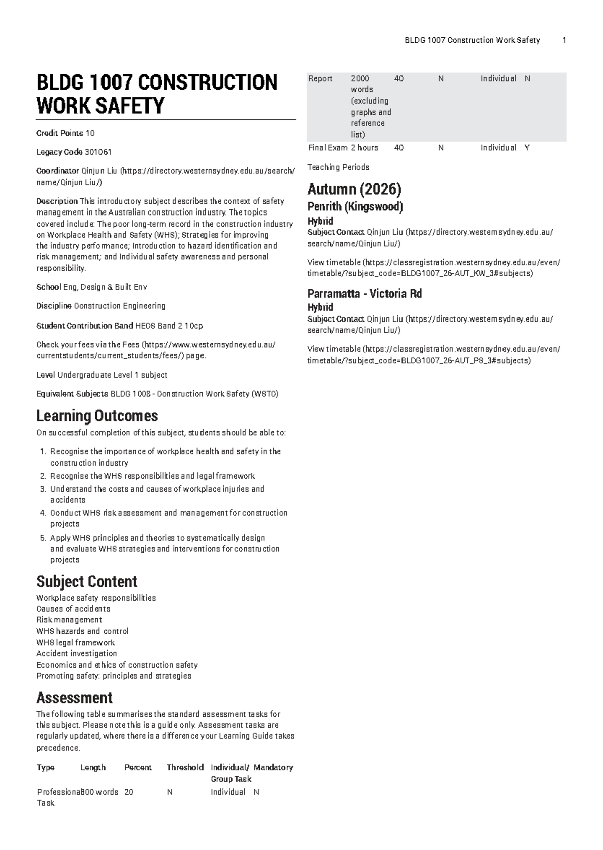 BLDG 1007 Final Exam Report on Construction Work Safety - Studocu