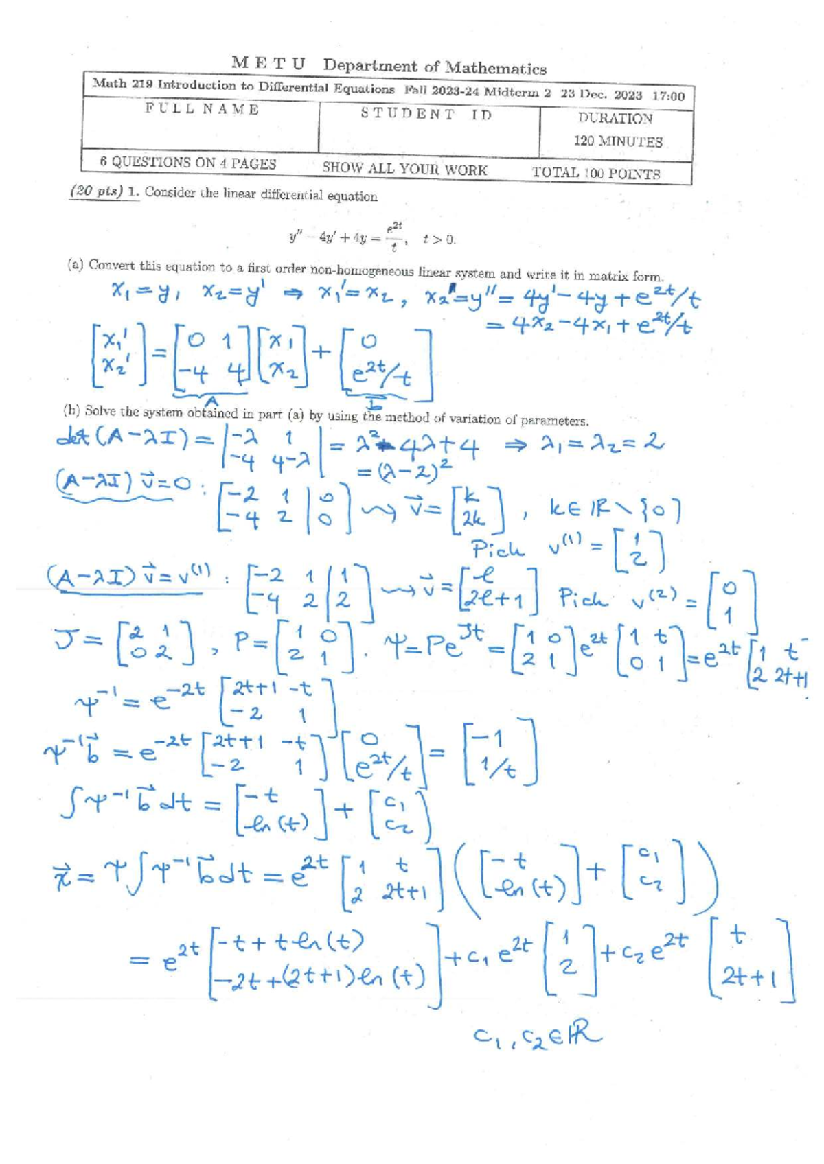 2023-2024 Fall Midterm 2 - METU Department of Mathematics Math 219 ...
