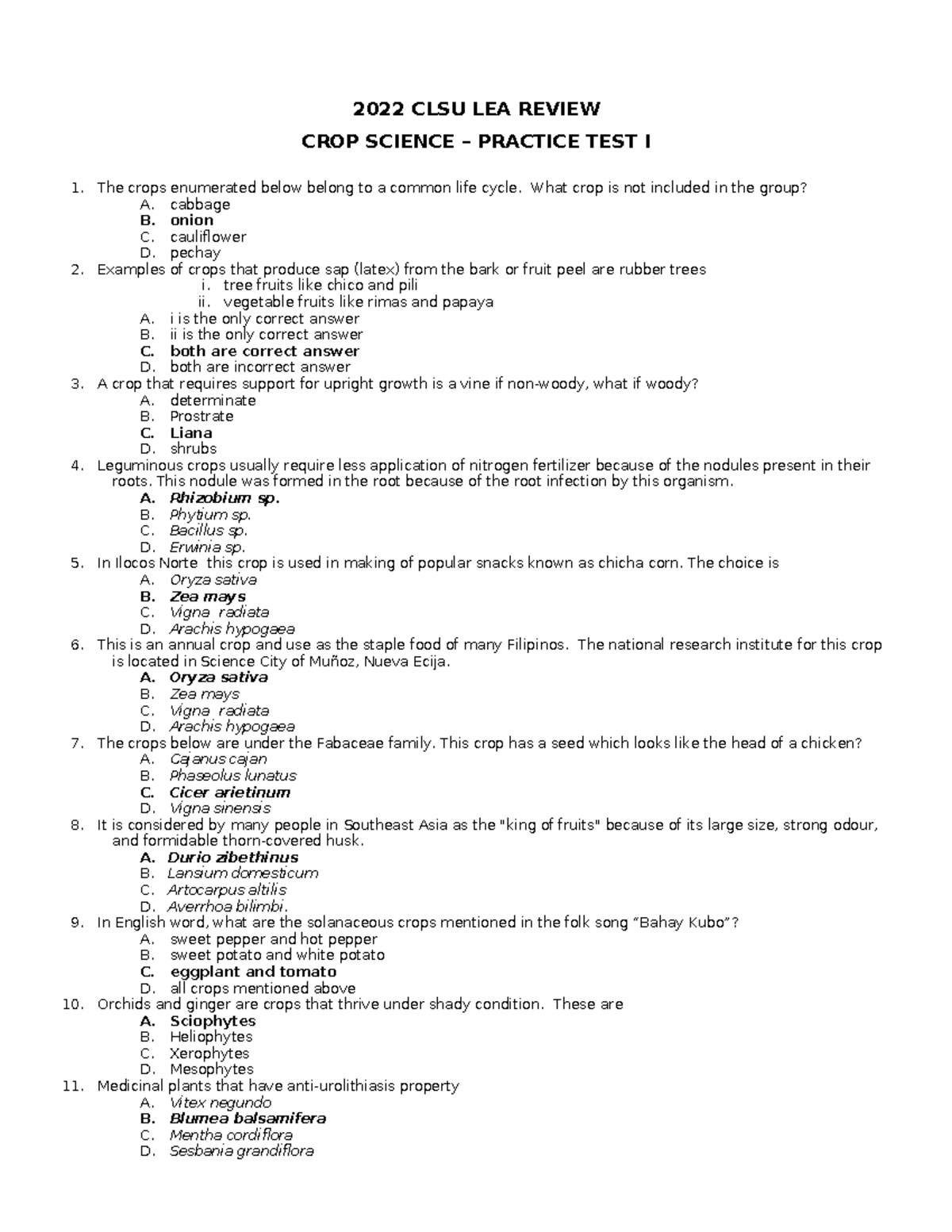 CROP SCIENCE - PRACTICE TEST I (2022 CLSU LEA REVIEW) - Studocu