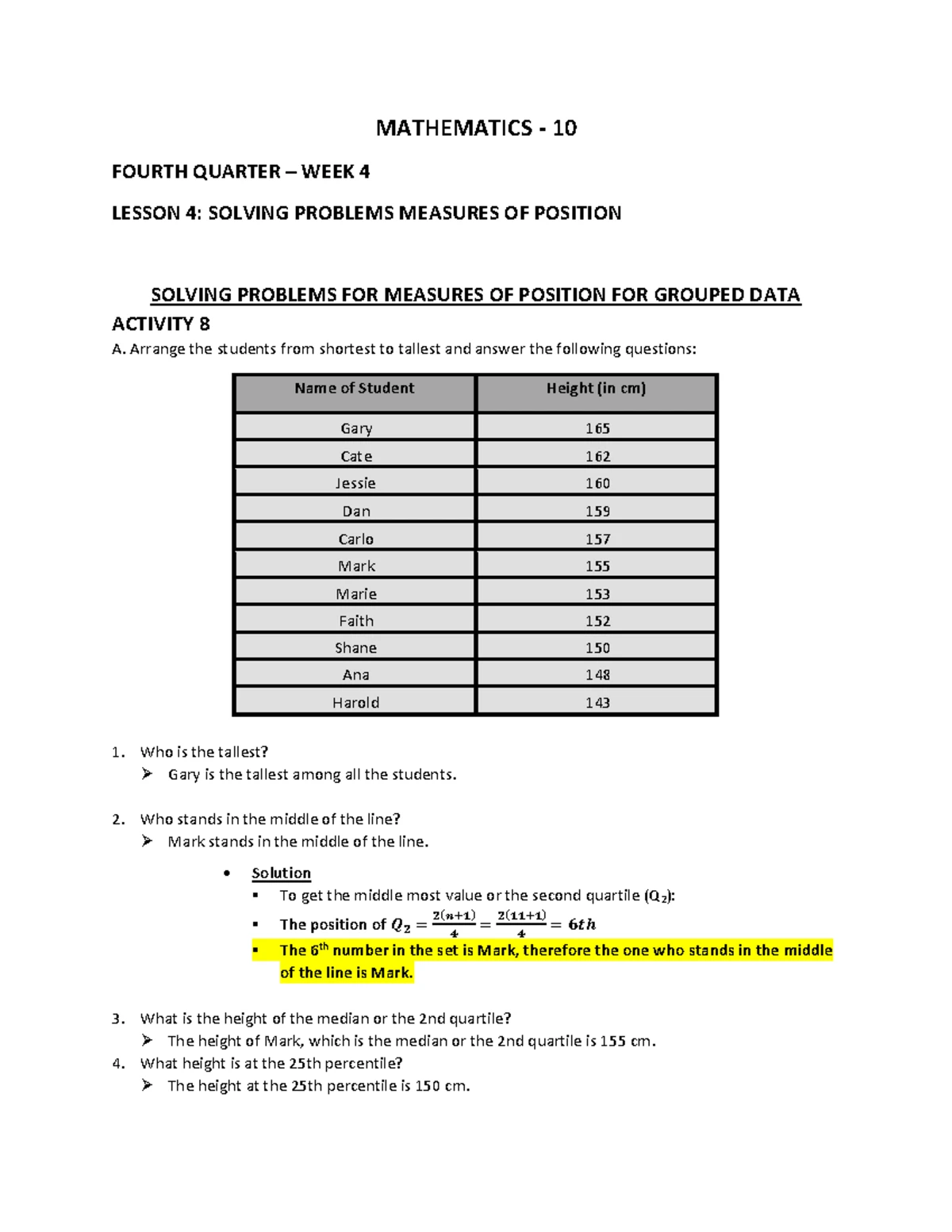 Math (Q4W3) - Lesson on Measures of Position Activities - Studocu
