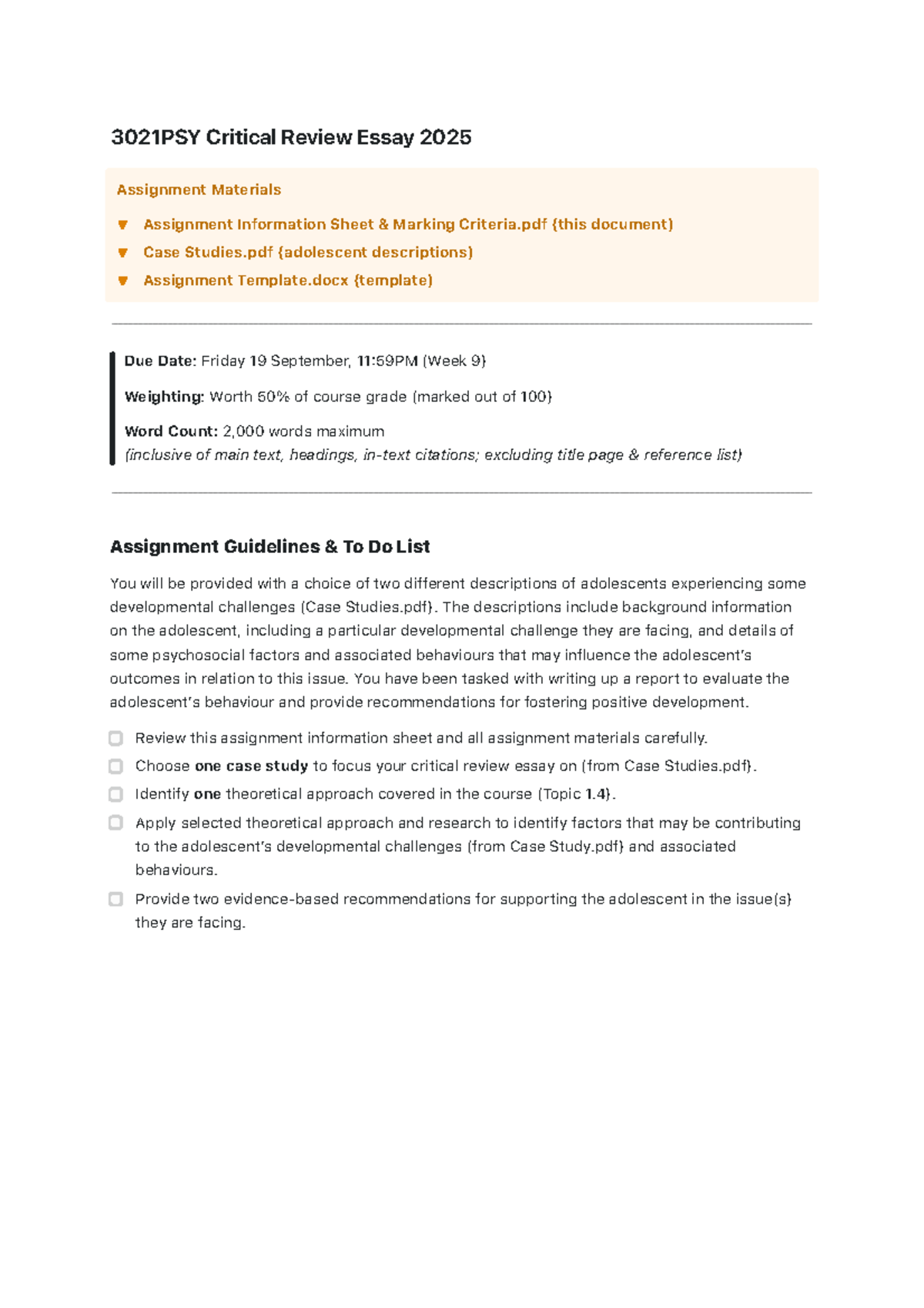 3021PSY T2 2025 Critical Review Essay Guidelines & Marking Criteria ...