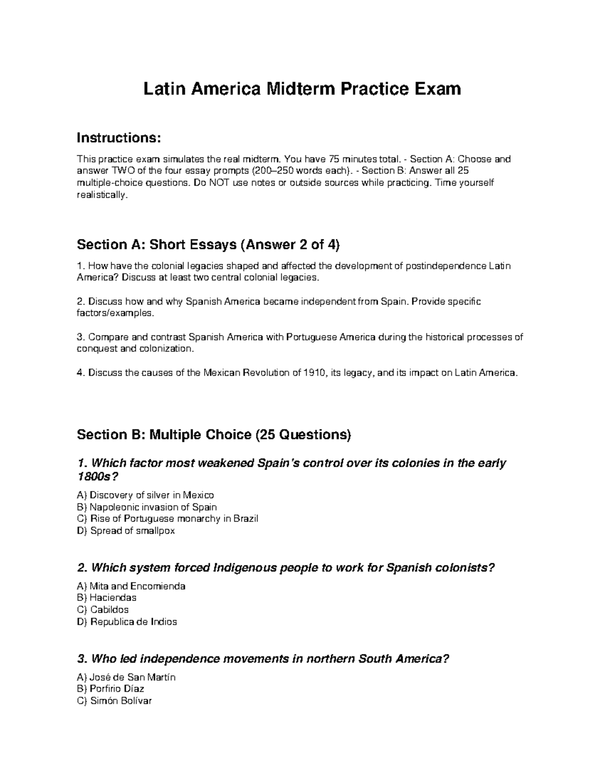 Latin America Midterm Practice Exam: Essay Prompts & MCQs - Studocu