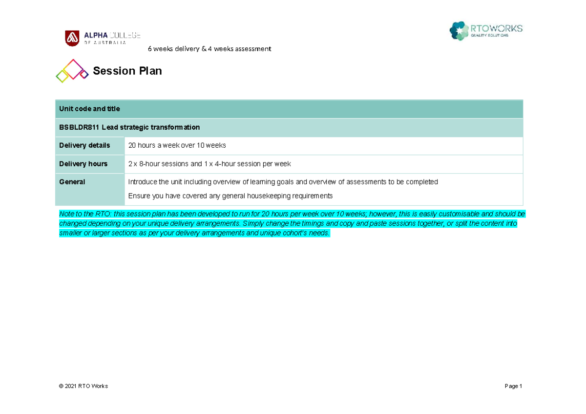 BSBLDR811 Session Plan: 10-Week Delivery & Assessment Overview - Studocu