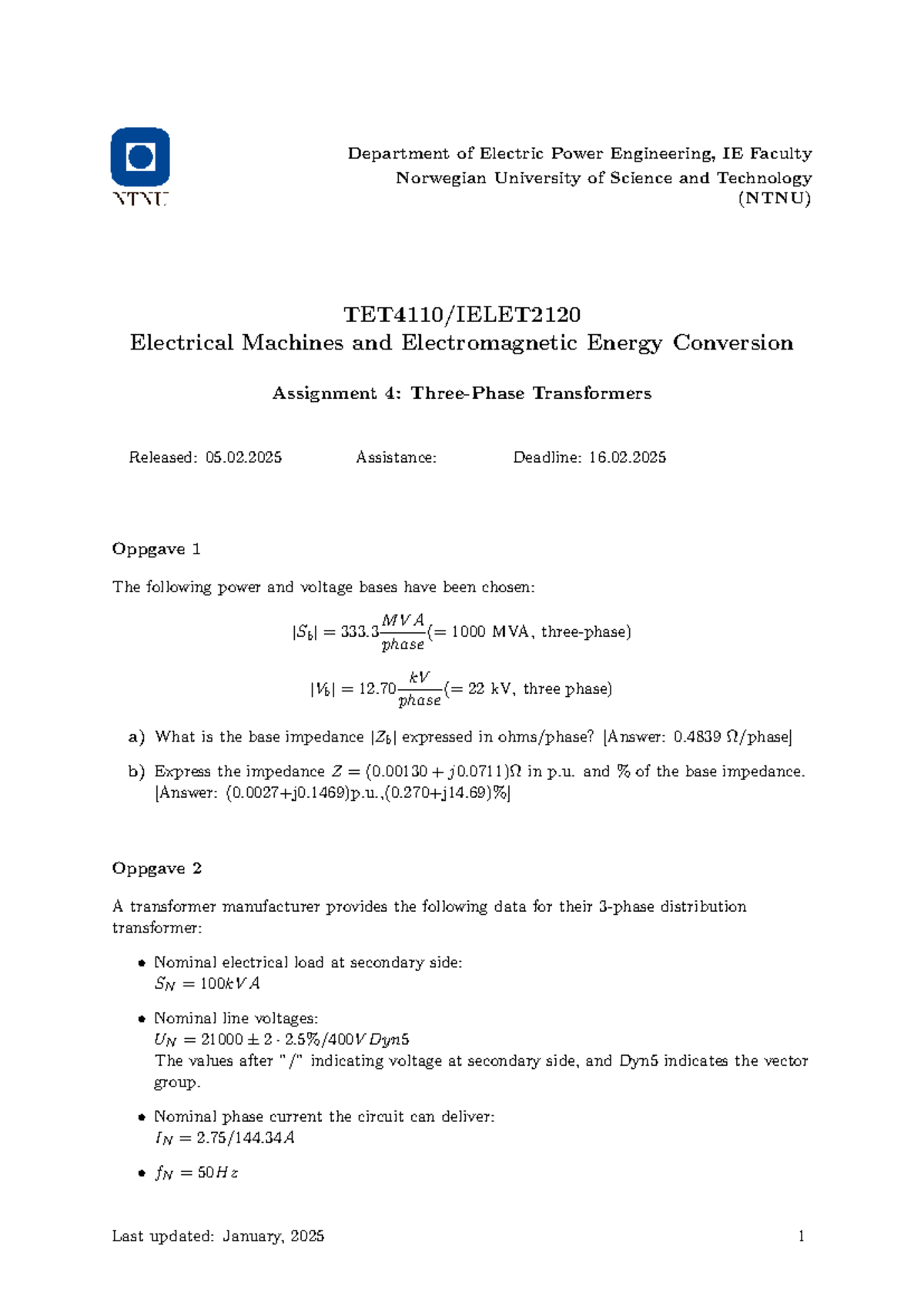 Assignment 4: Transformers in Electrical Machines (IE) - Studocu
