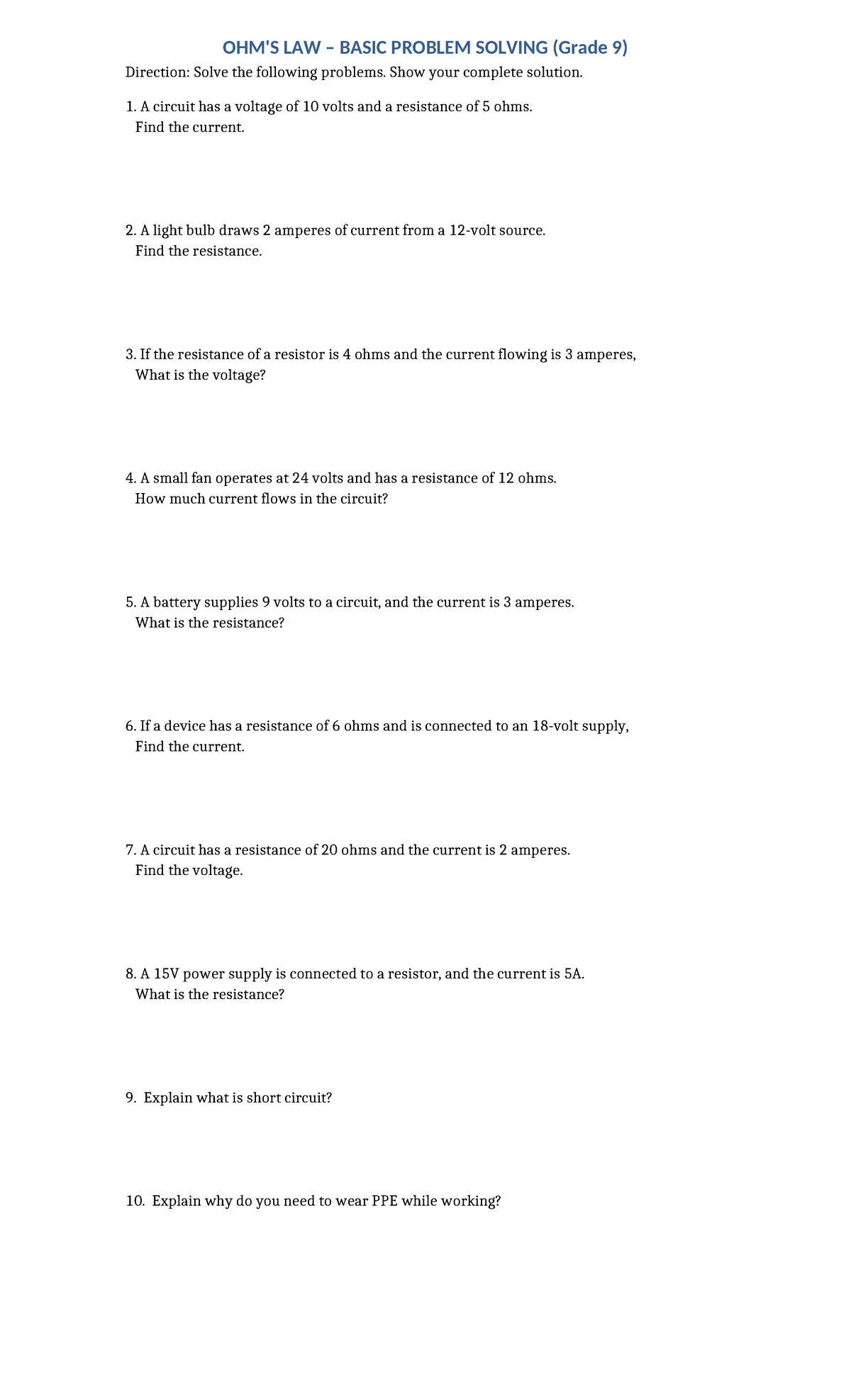 Grade 9 LAW Basic Problem Solving: Ohm's Law Exercises - Studocu
