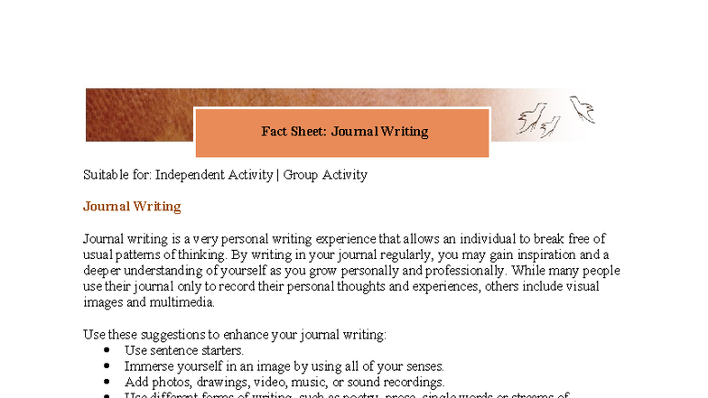 Fact Sheet: Journal Writing Techniques for Independent Activities - Studocu