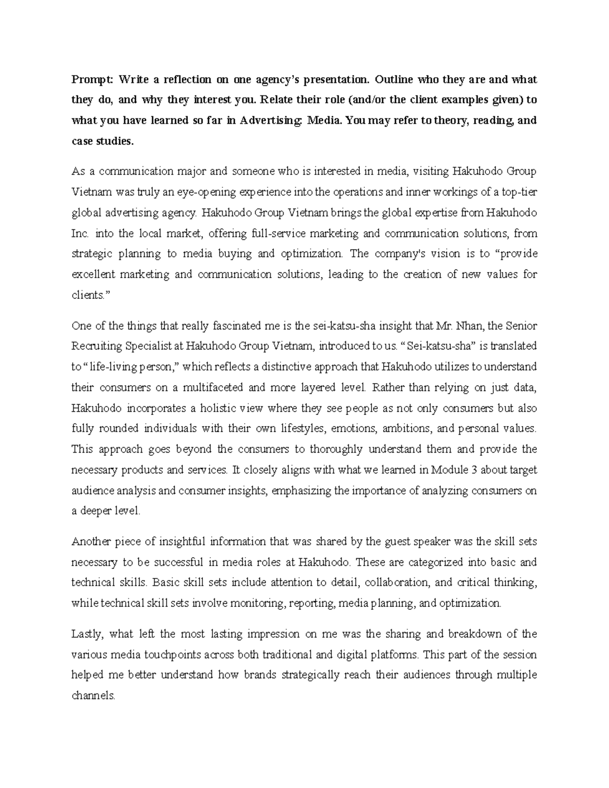 A3 Advertising: Reflection on Hakuhodo Group Vietnam Visit - Studocu