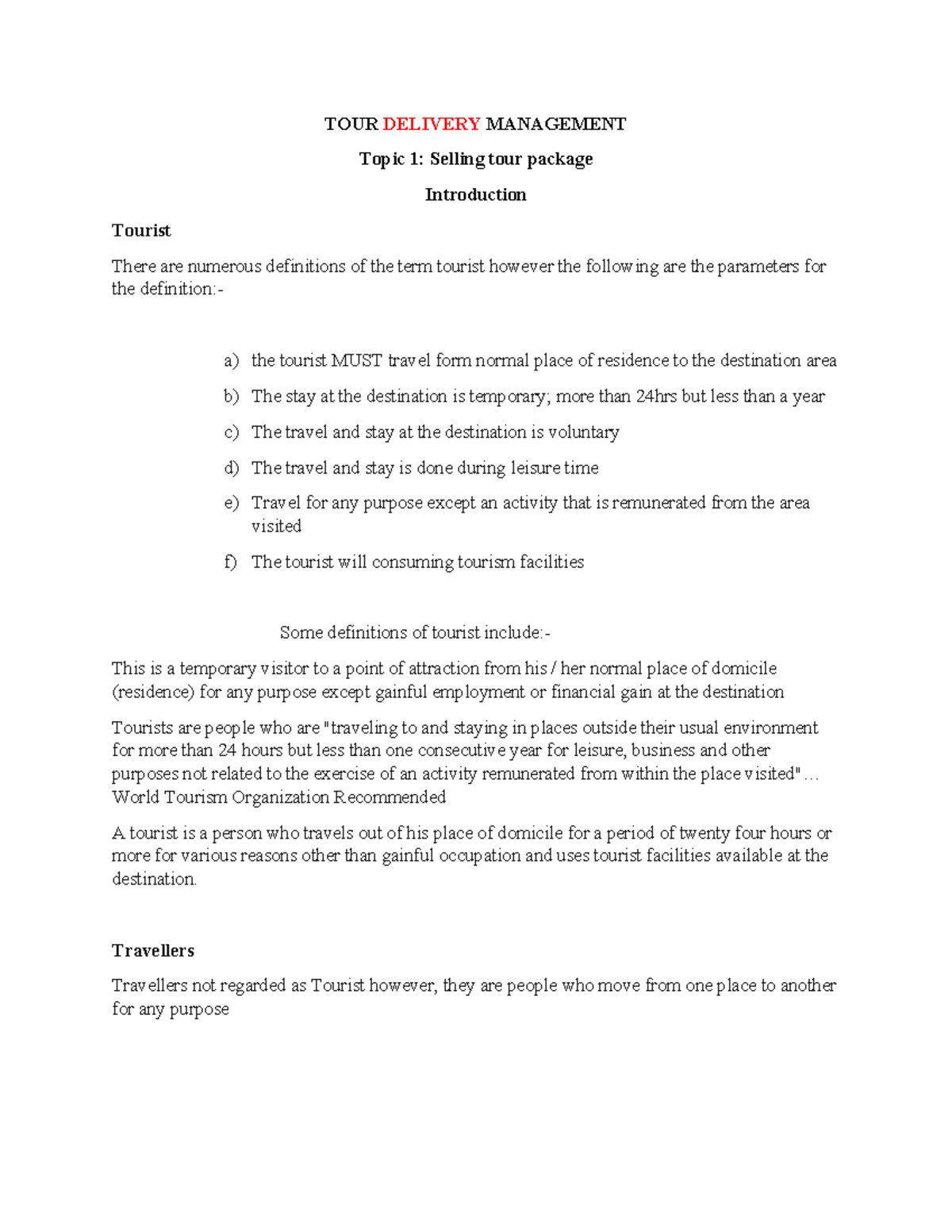 Tour Delivery Management Notes for Tourism (TM 101) - Studocu