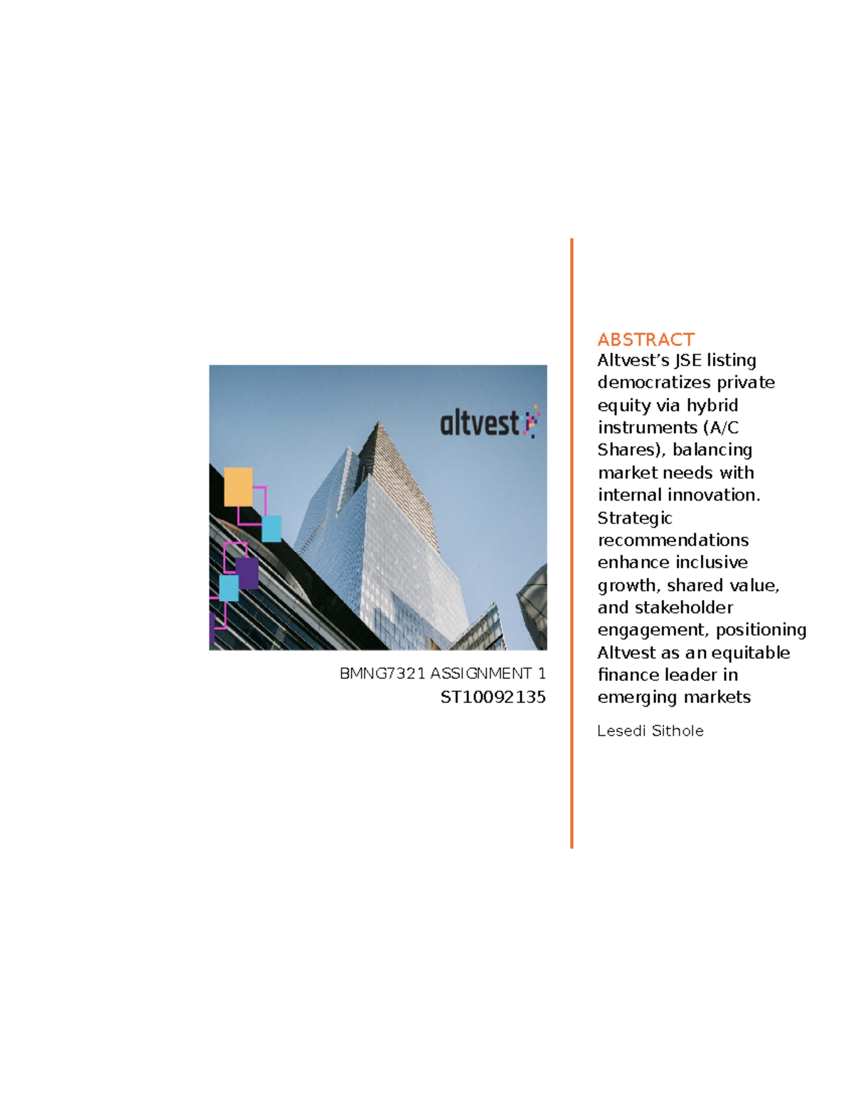 BMNG7321 Assignment 1: Strategic Analysis of Altvest's JSE Listing ...