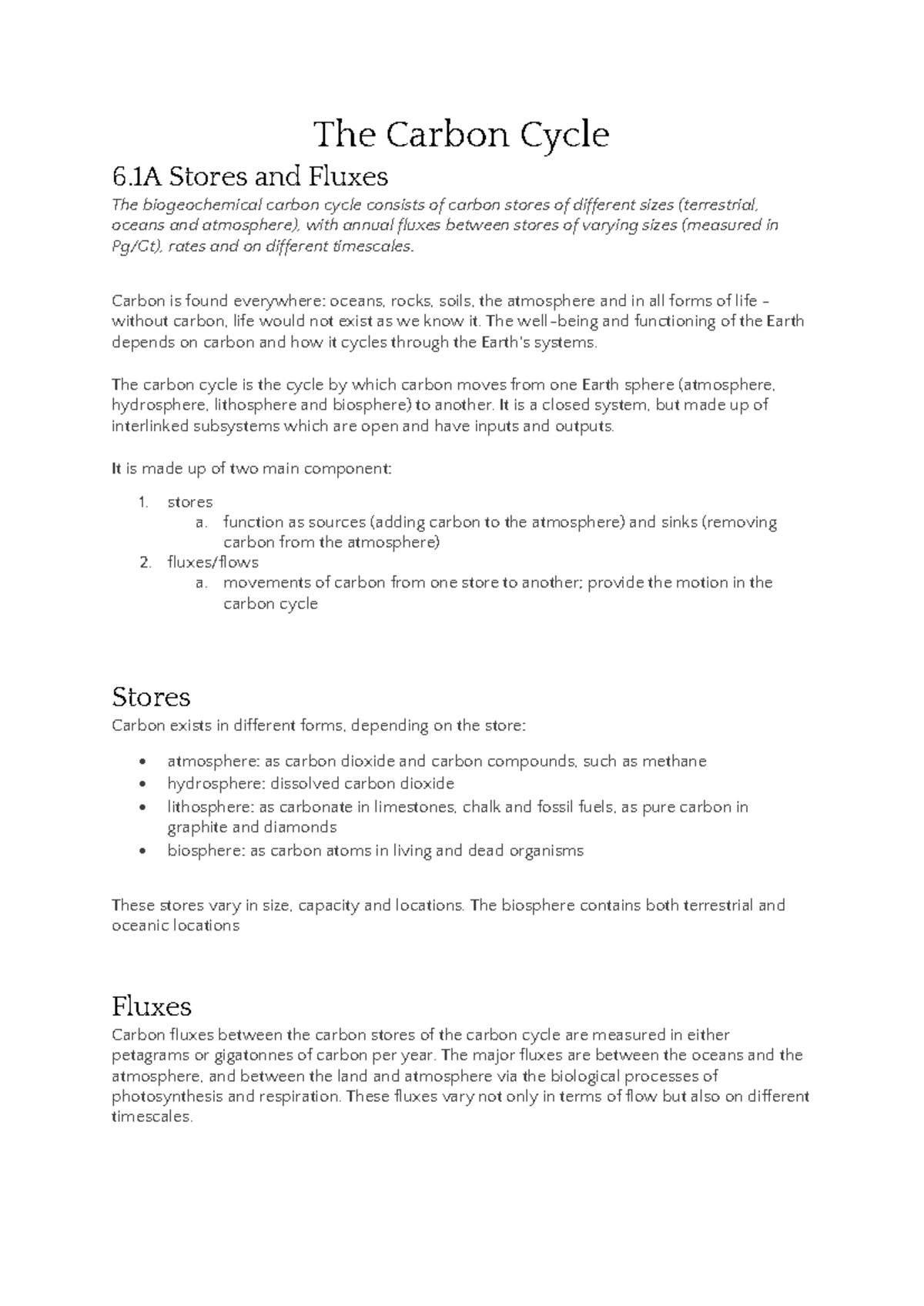 Edexcel Carbon Cycle Lecture Notes: Key Concepts and Processes - Studocu