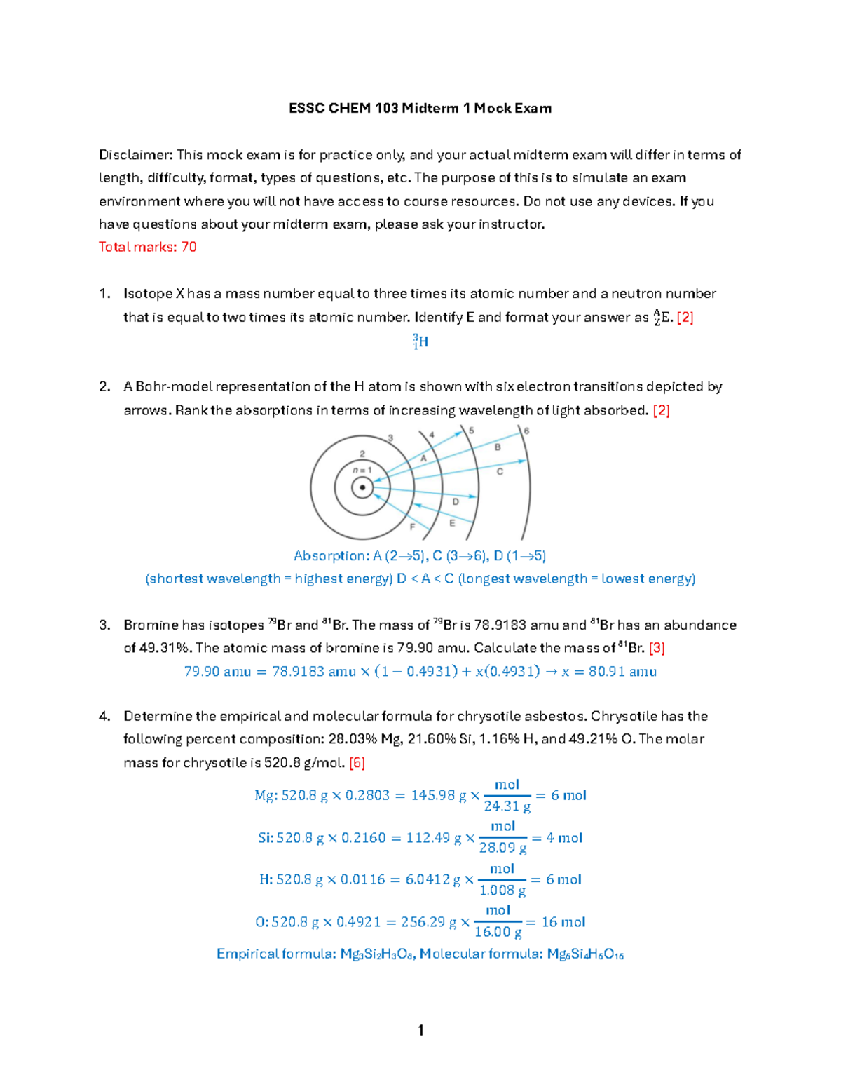 CHEM 103 Midterm 1 Mock Exam Solutions and Practice Guide - Studocu