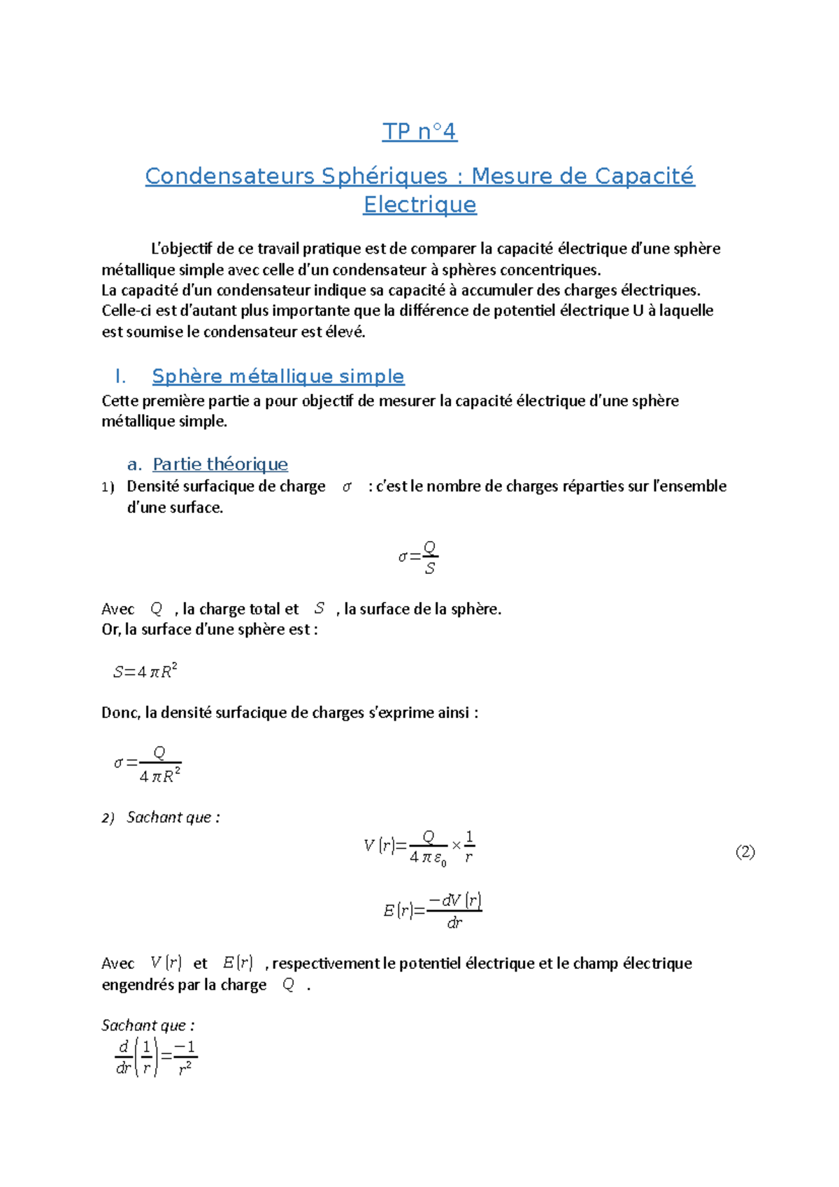 TP sur la Mesure des Condensateurs Sphériques et Concentriques Studocu — free download