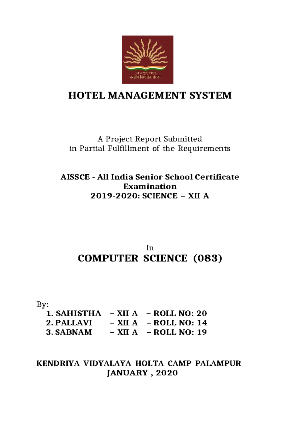 Hotel Management System Project Report - Computer Science (083) - Studocu