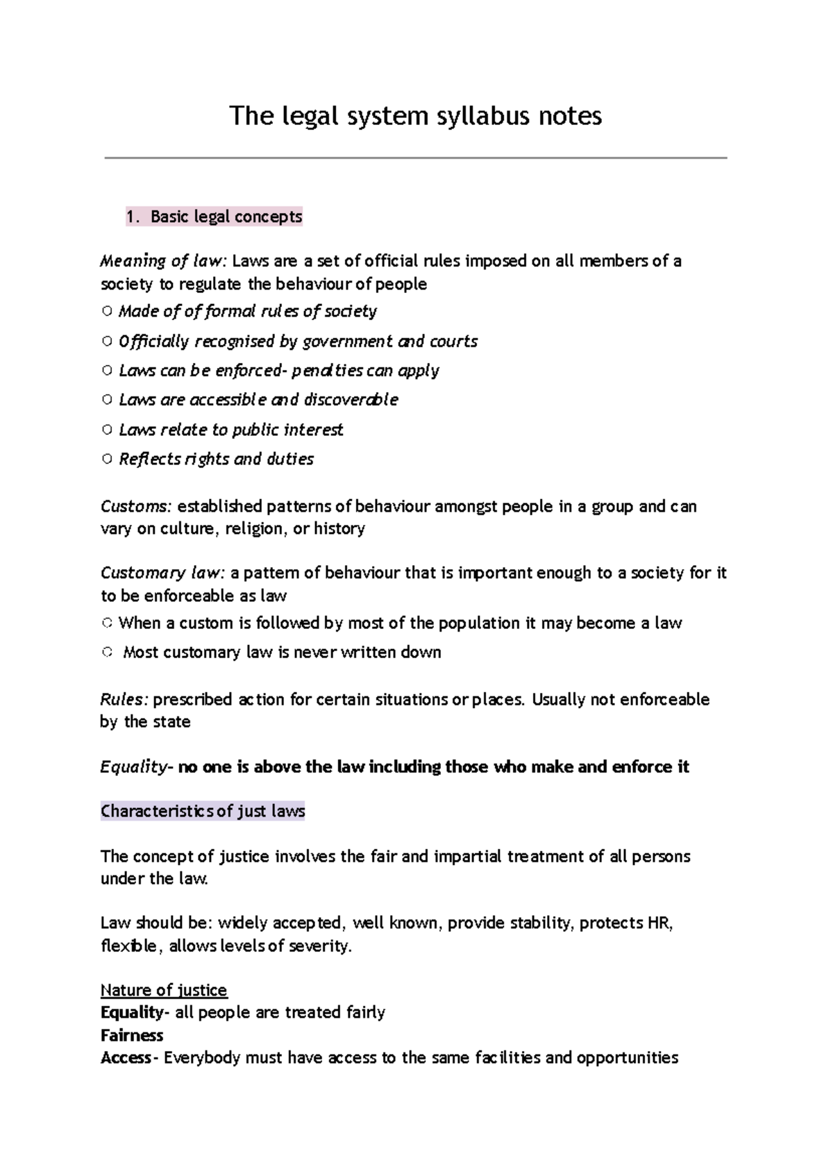 Legal Studies Syllabus Notes: Key Concepts and Principles - Studocu