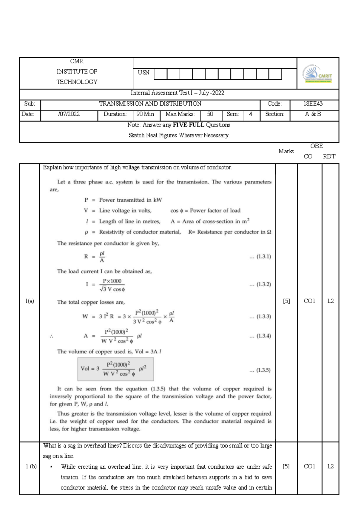 IAT-I Question Paper & Solutions for 18EE43 Transmission & Distribution ...