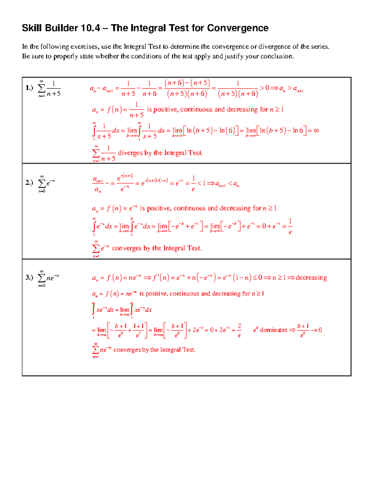 MATH HW 10.4 Solutions: Integral Test for Series Convergence - Studocu