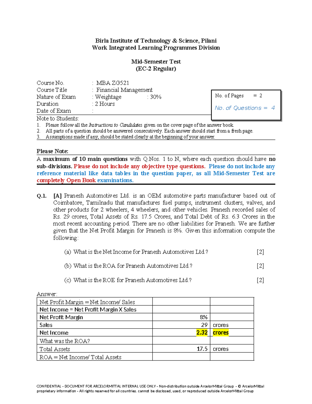 MBA ZG Mid-Sem Exam Sample Questions & Solutions for Financial ...