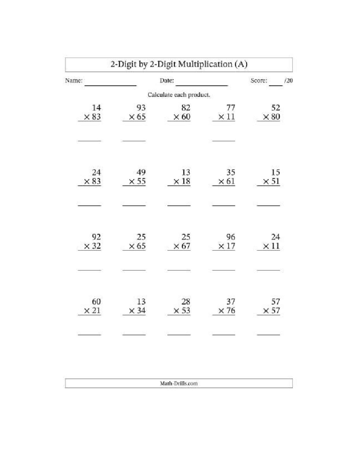 Tutor materials - Education, Secondary - Multiplication (A) Name: Date ...