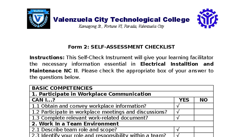 Form 2: Self-Assessment Checklist for Electrical Installation NC II ...