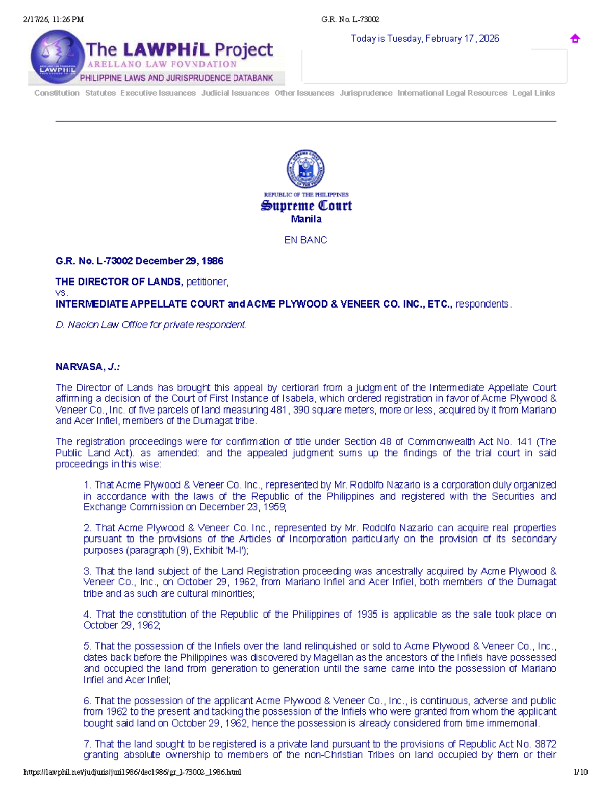 G.R. No. 73002: Director of Lands vs. IAC & Acme Plywood Case Study ...