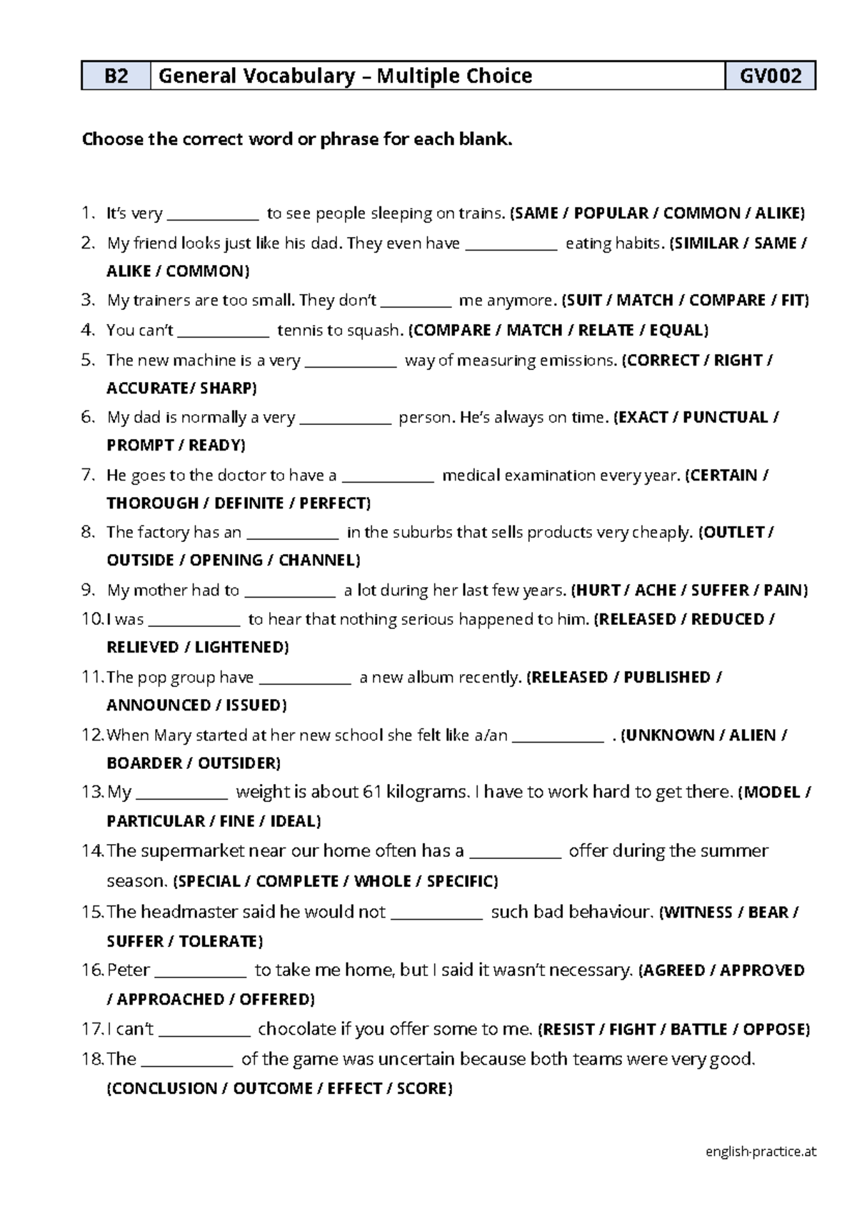 GV002 B2 General Vocabulary - Multiple Choice Exercise - Studeersnel