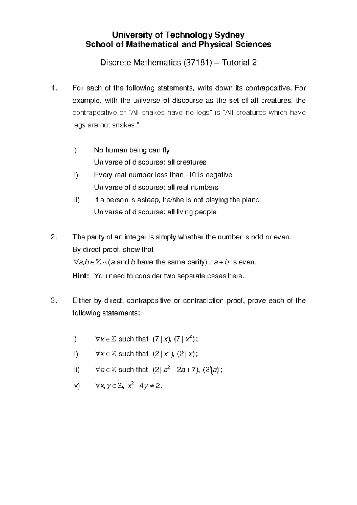 37181 Discrete Math Tutorial 2 Practice Questions and Solutions - Studocu