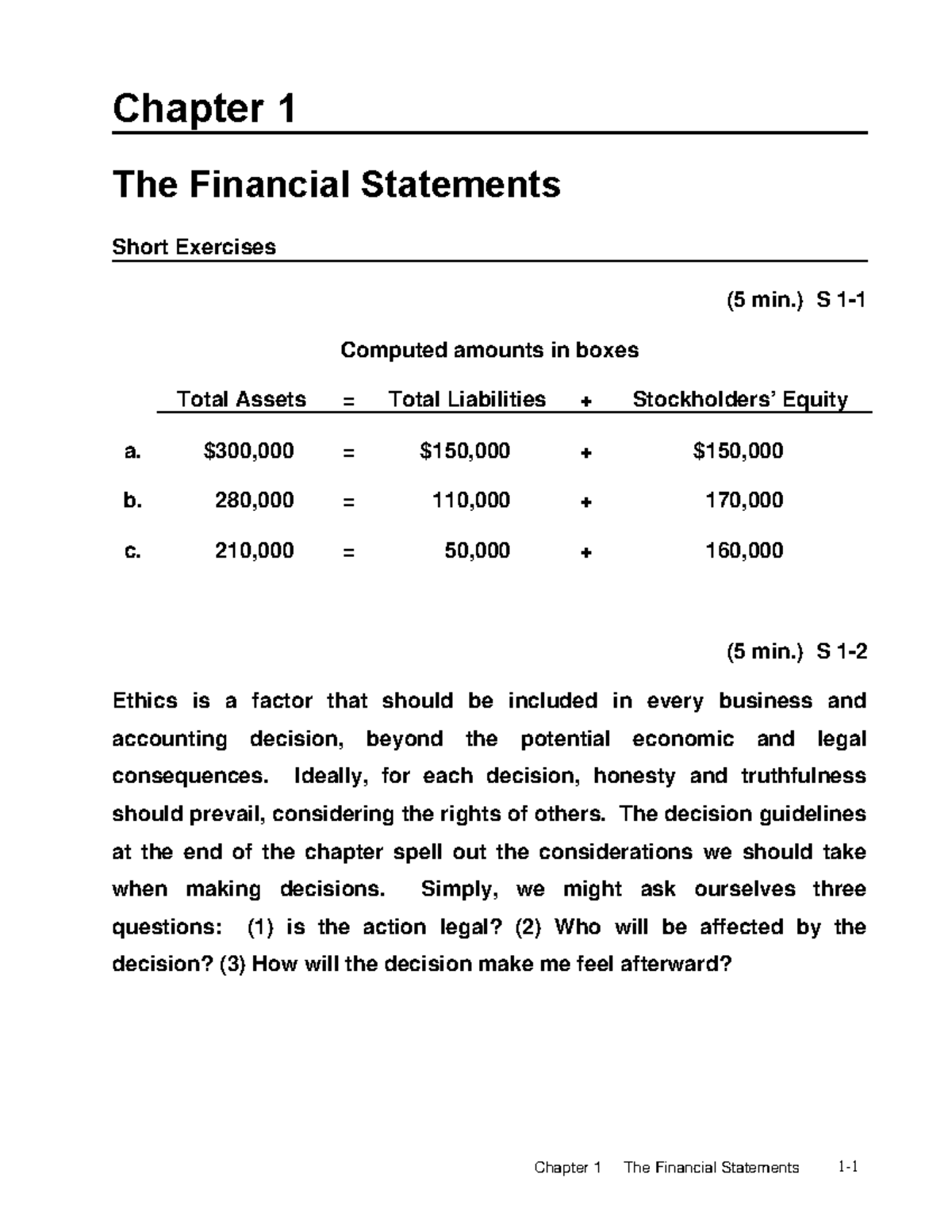 Financial Accounting 9/e Solutions Manual: Chapter 1 Exercises ...