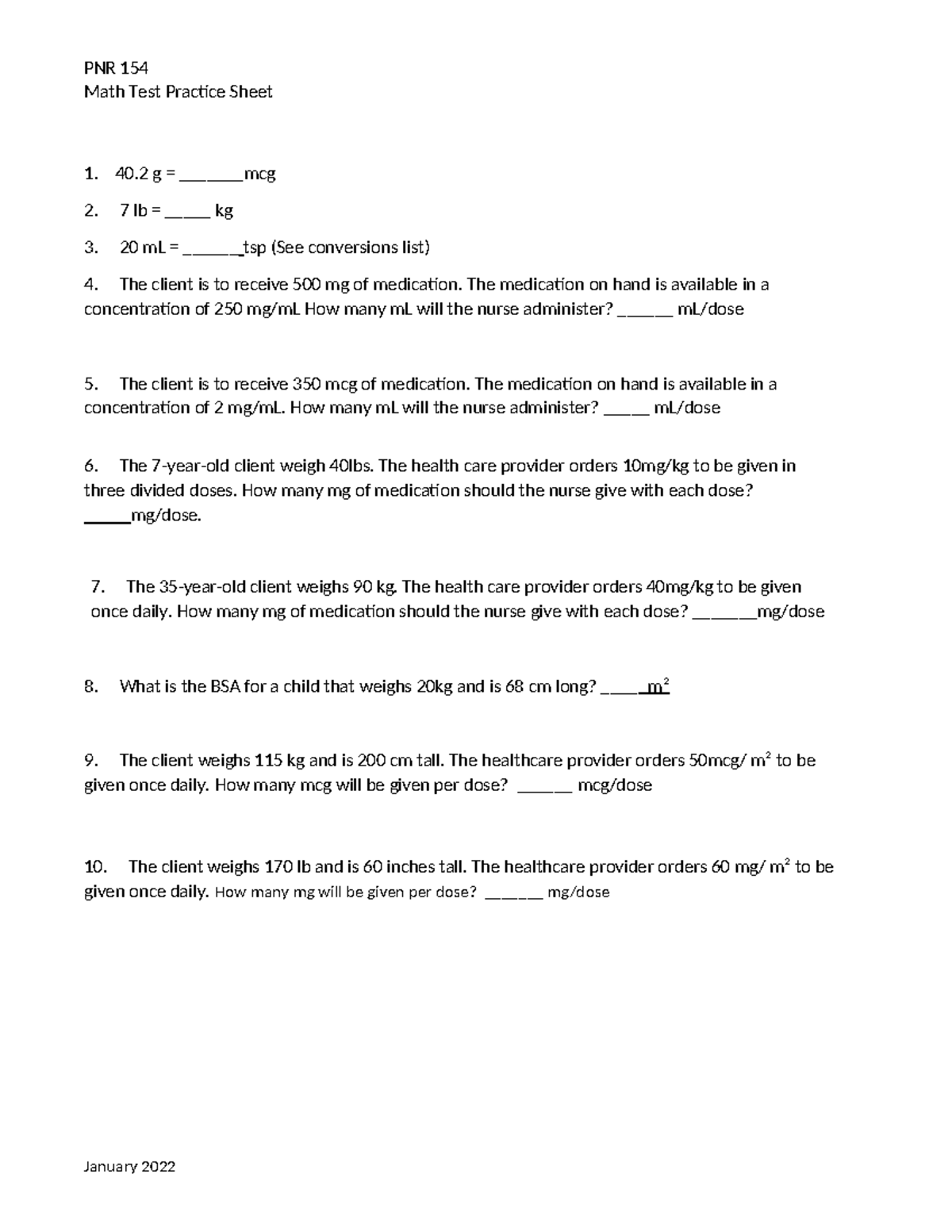 Math Test Practice - Dimensional analysis - PNR 154 Math Test Practice ...