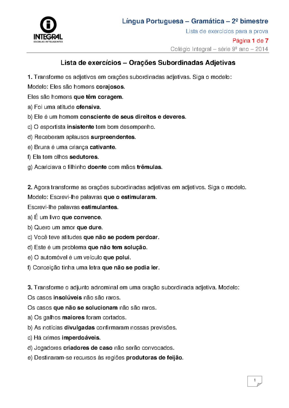 Exercícios de Orações Subordinadas Adjetivas - Língua Portuguesa 9º Ano ...