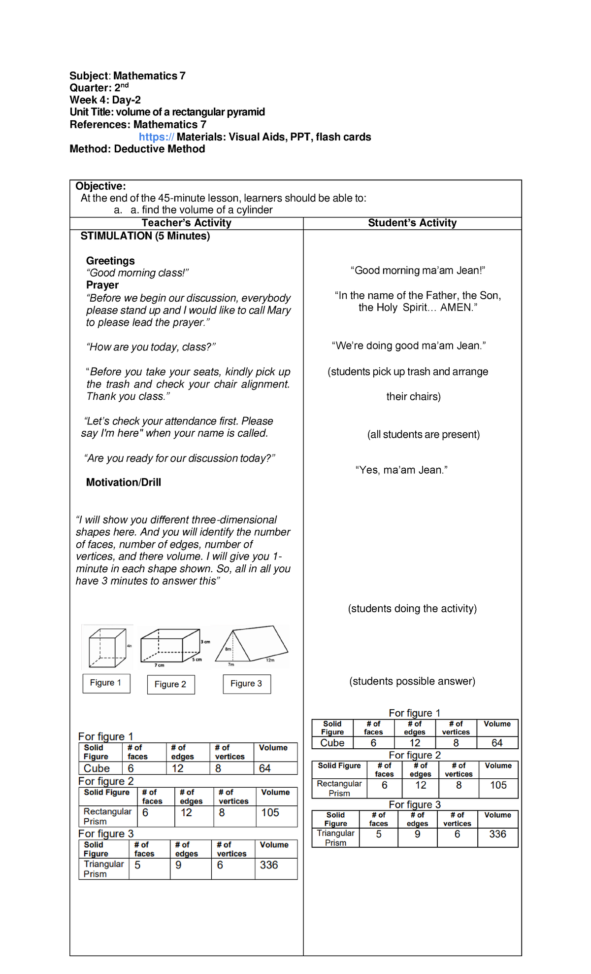 Math7 Deductive W5 D2 - Lesson plan practice - Subject: Mathematics 7 ...