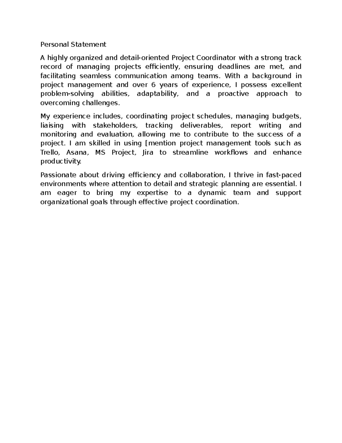 Harrison Personal Statement - Personal Statement A highly organized and ...