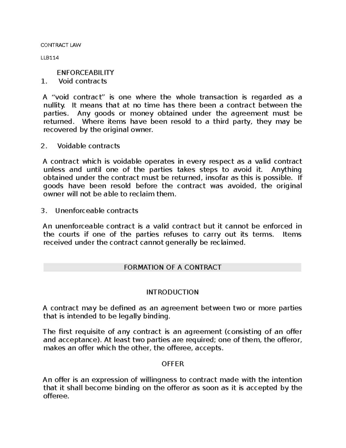 Contract Law LLB114: Enforceability of Contracts and Formation ...