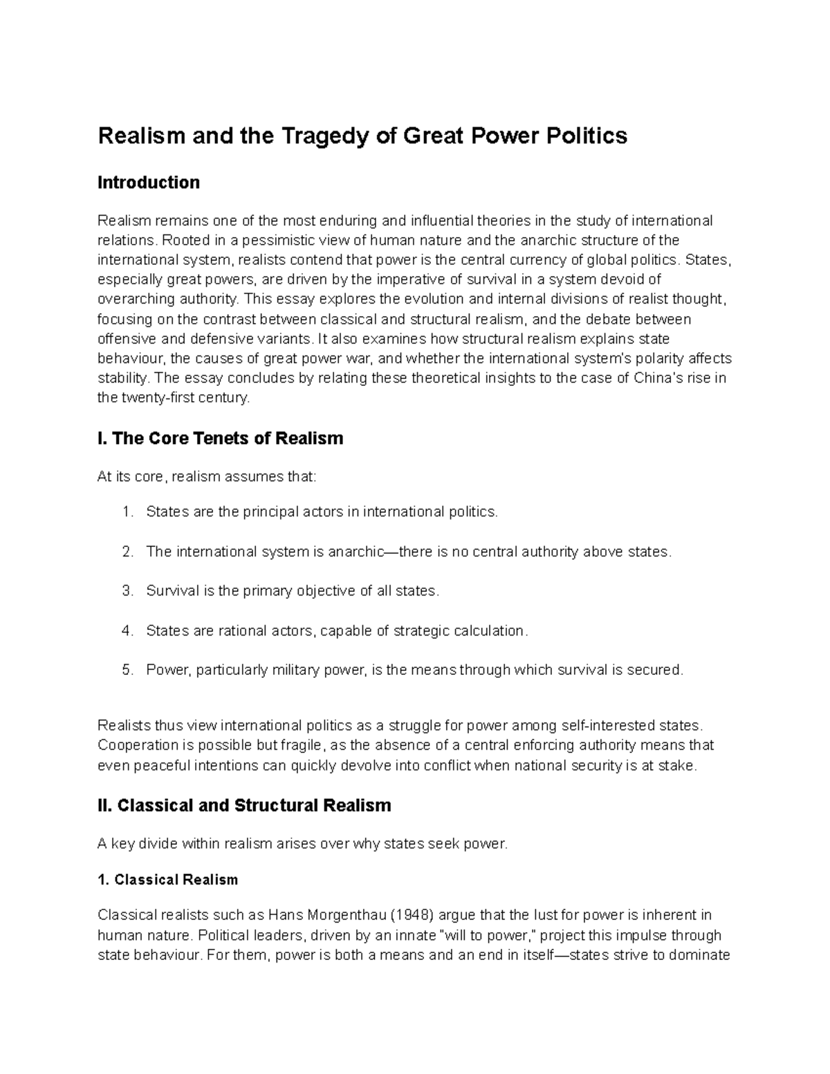 Realism and Great Power Politics: A Summary of J. Mearsheimer's ...