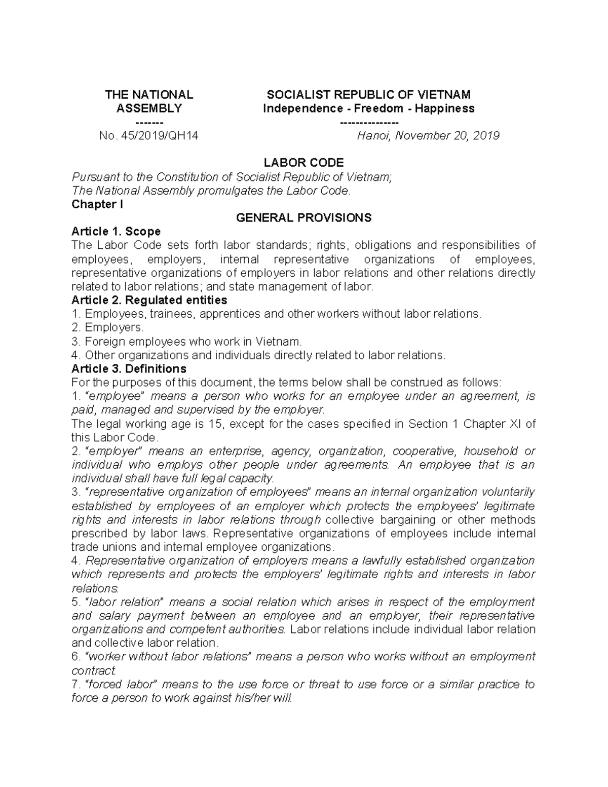 Labor Code 2019 - General Provisions and Employment Regulations - Studocu
