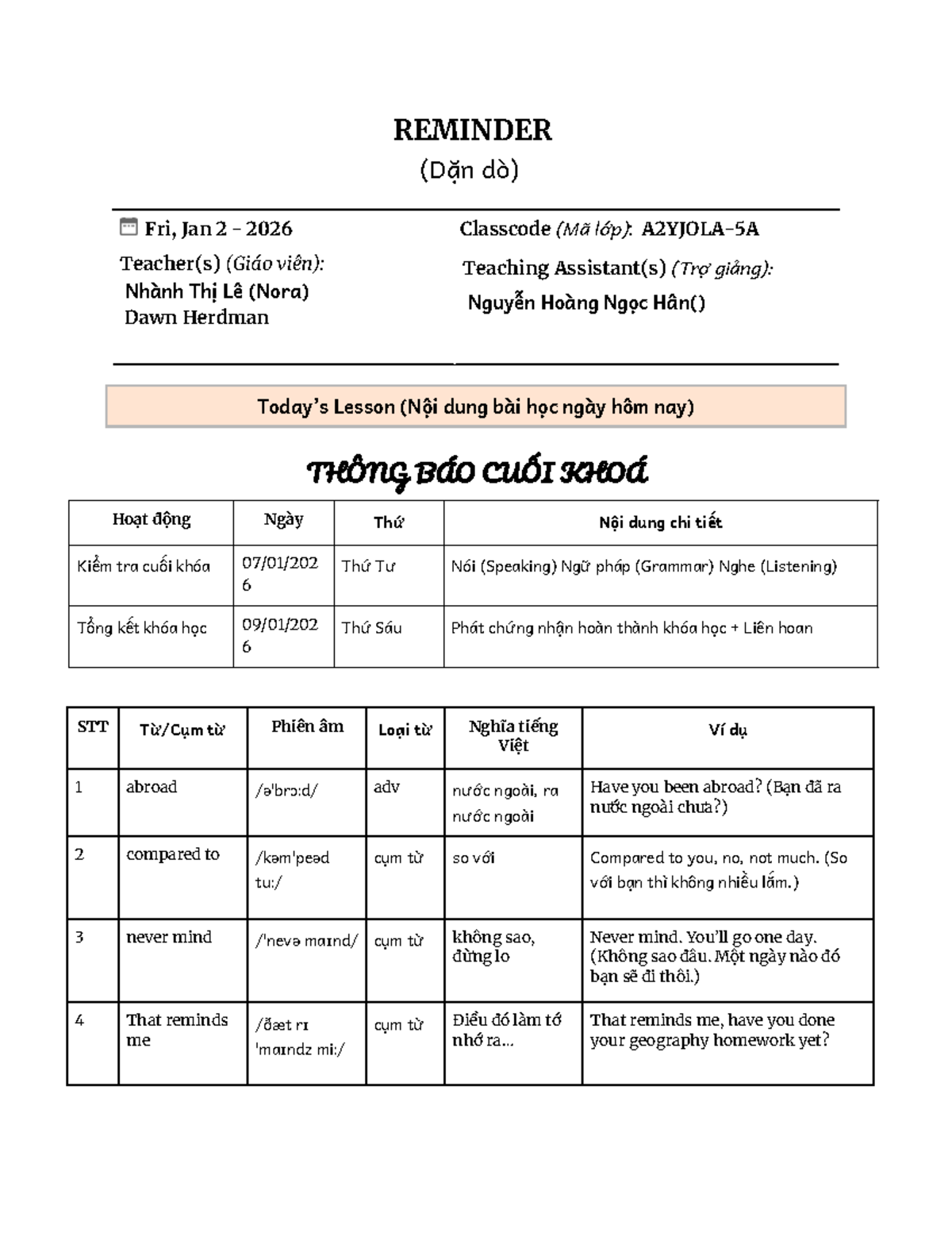 Final Reminder for Class A2YJOLA-5A: End of Course Activities - Studocu