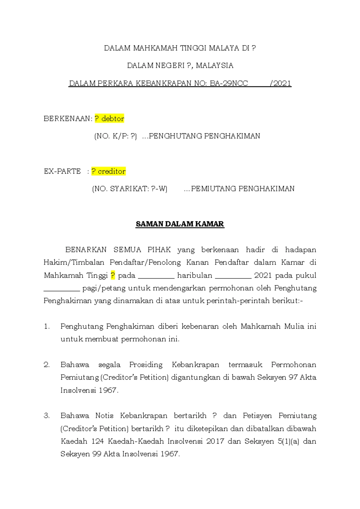 Saman Dalam Kamar BA-34NCTU-97531-44-2023 di Mahkamah Tinggi - Studocu