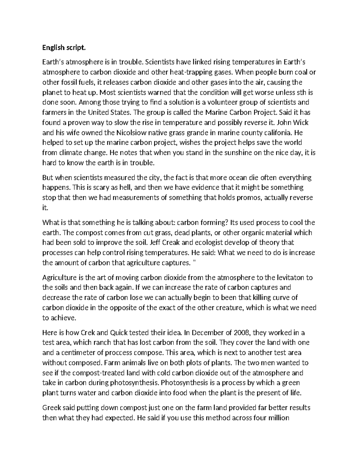 English Script: The Marine Carbon Project and Its Impact on Climate ...