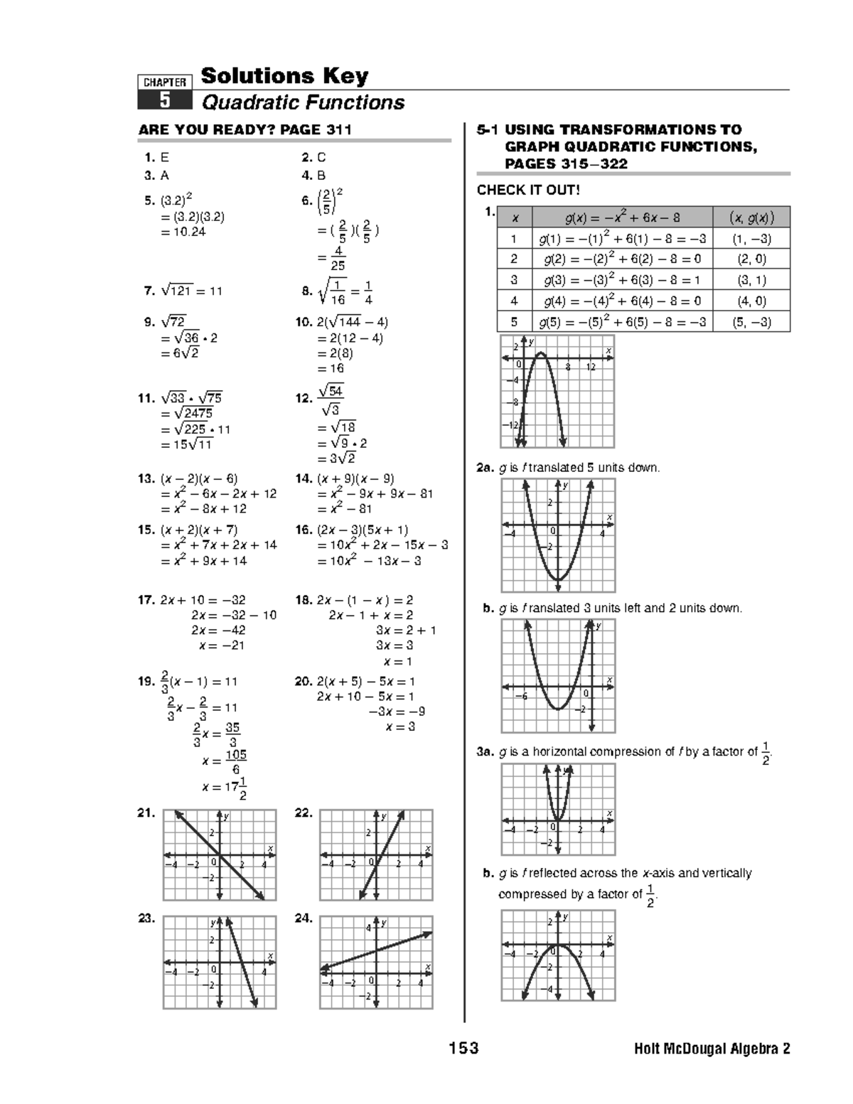 Solutions Key for CH5: Quadratic Functions Practice and Review - Studocu