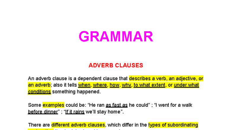 GRAMMAR ADVERB CLAUSES & ACTION VERBS - ENG 101 Study Notes - Studocu