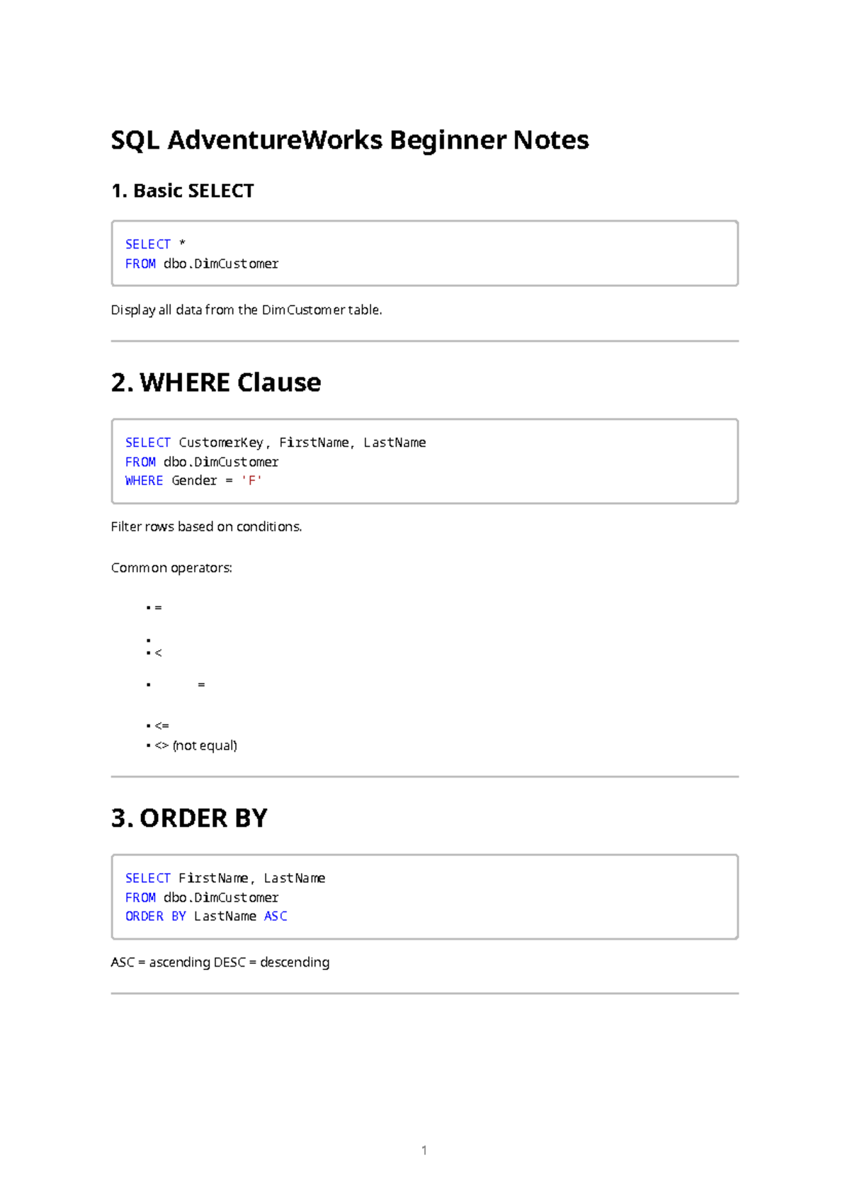 SQL AdventureWorks Beginner Notes: Key Concepts & Functions - Studocu