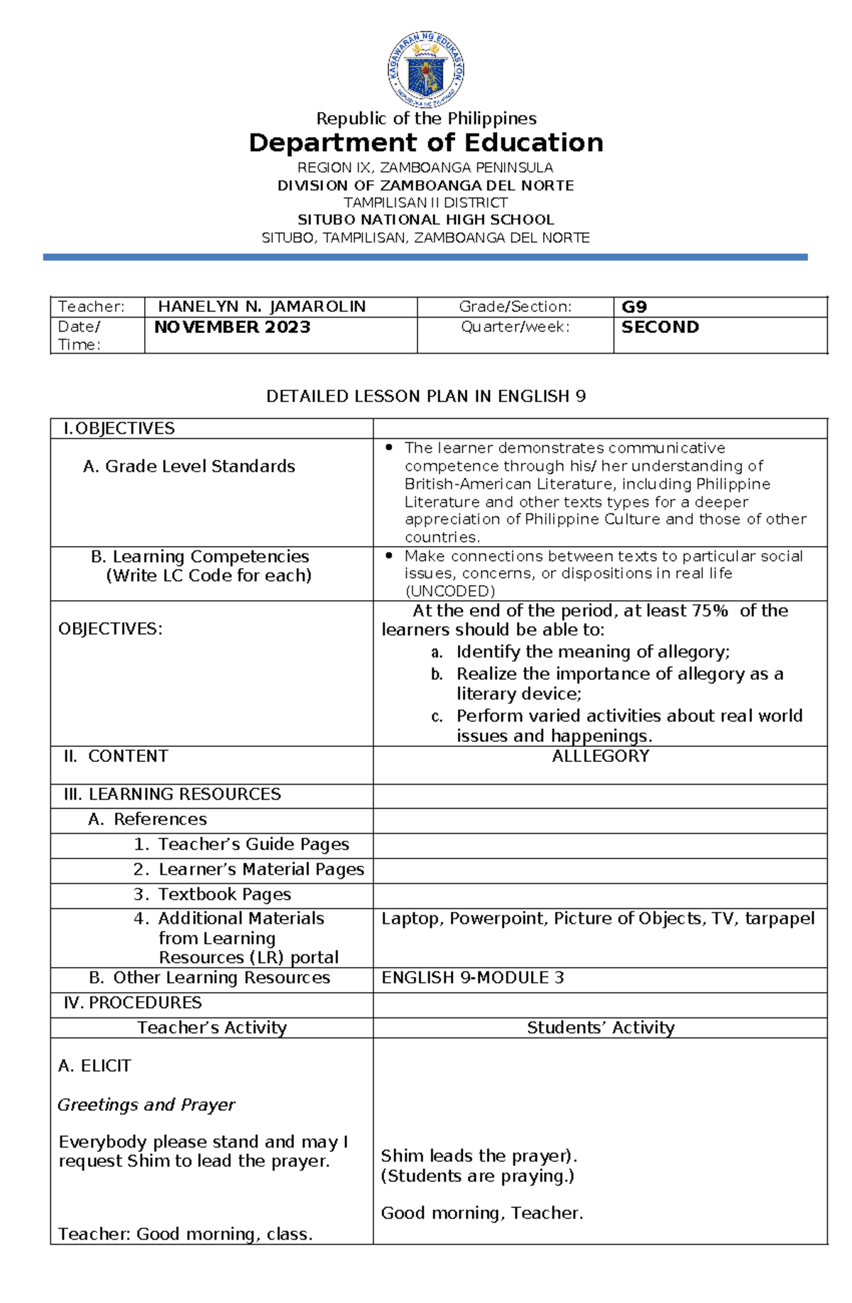 Lesson PLAN English 9 - Republic of the Philippines Department of ...