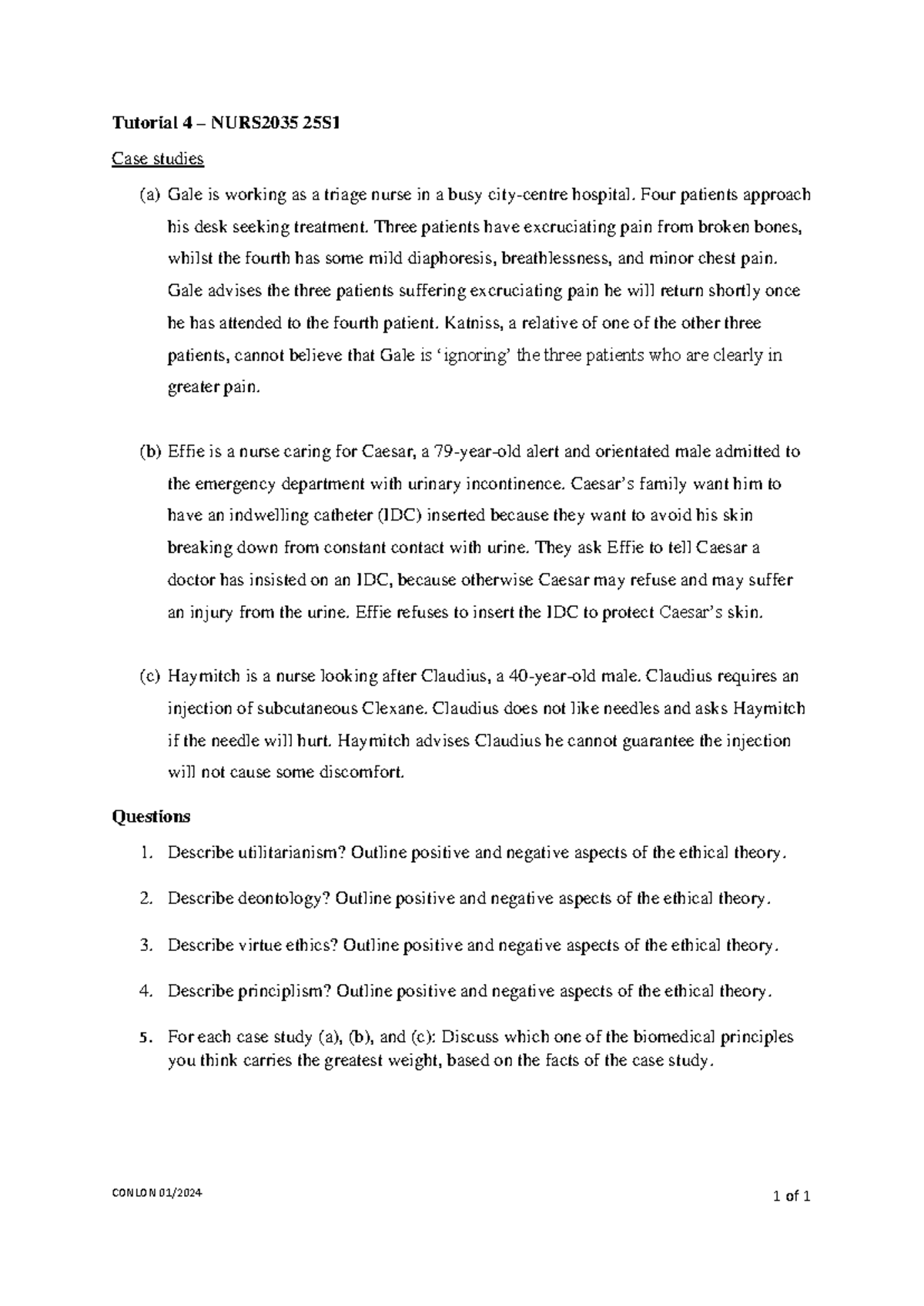 Tutorial 4 – NURS2035 Case Studies and Ethical Theories - Studocu