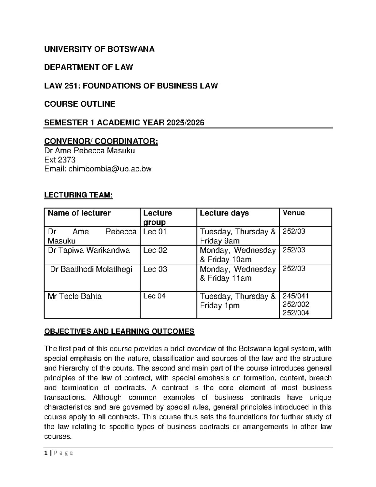 LAW 251: Revised Course Outline for Foundations of Business Law - Studocu