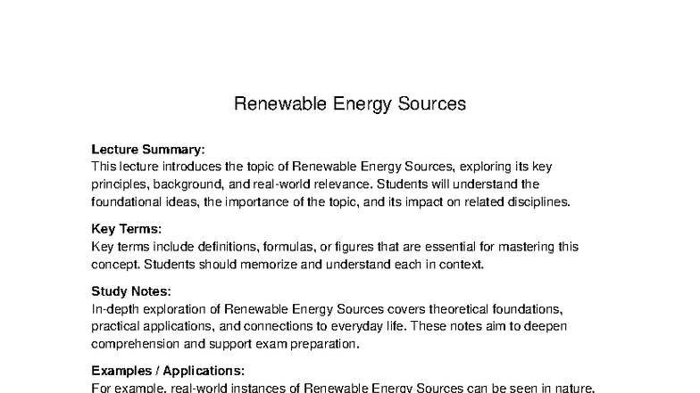 Renewable Energy Sources Lecture Summary & Study Notes - Studocu