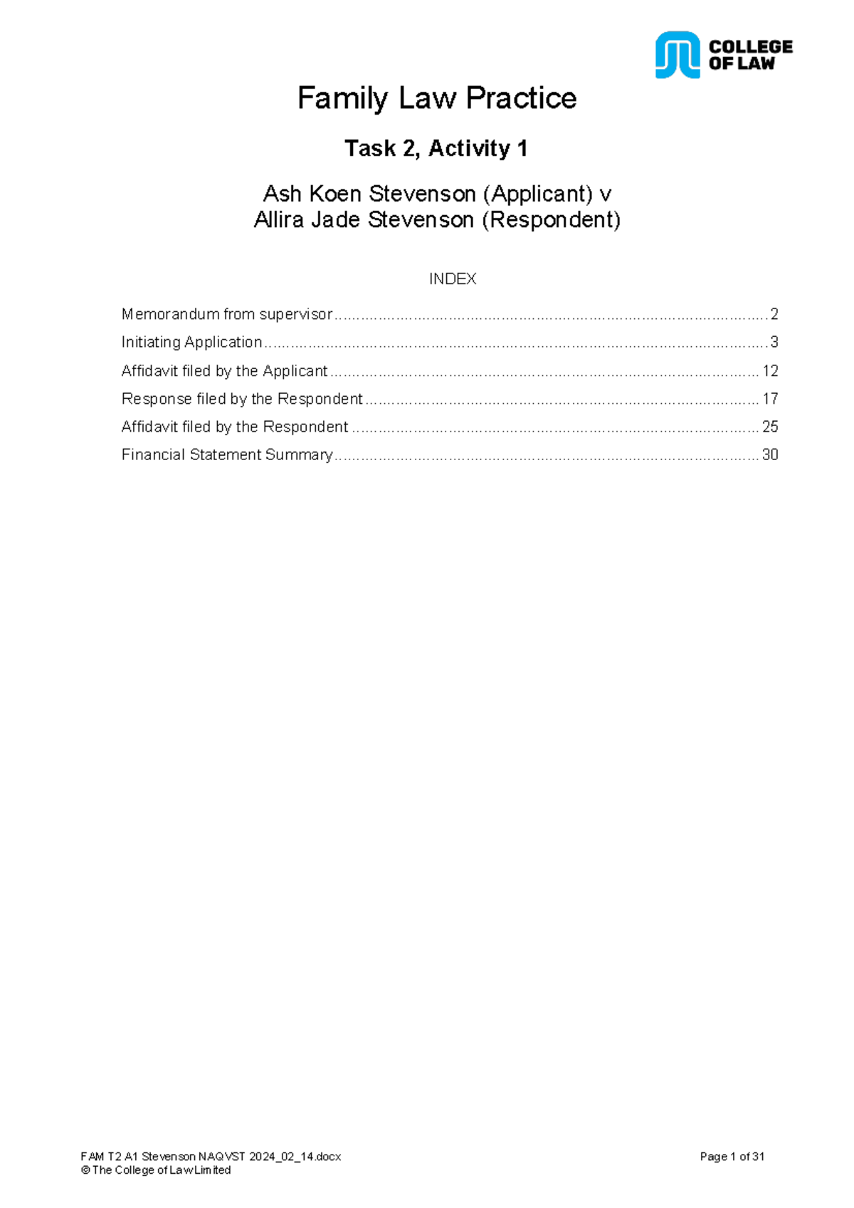 FAM T2 A1 Family Law Practice Submission Notes - Stevenson Case - Studocu