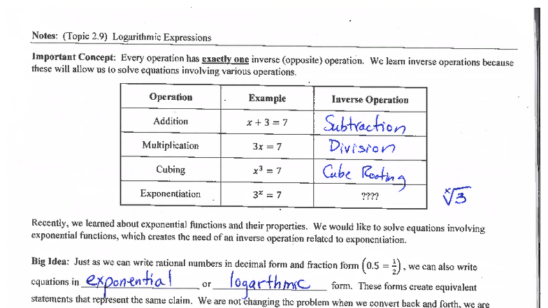 Notes: Topic 2.9 Logarithmic Expressions and Inverse Operations - Studocu