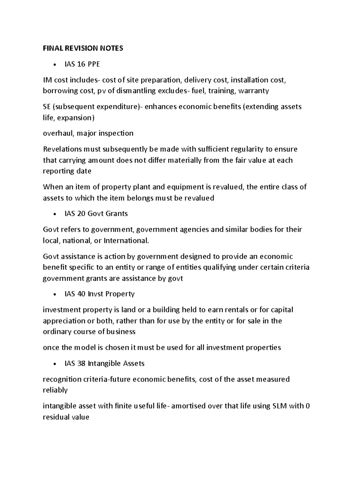 FINAL REVISION NOTES FOR IAS 16, 20, 36, 38, 40, AND 5 - Studocu