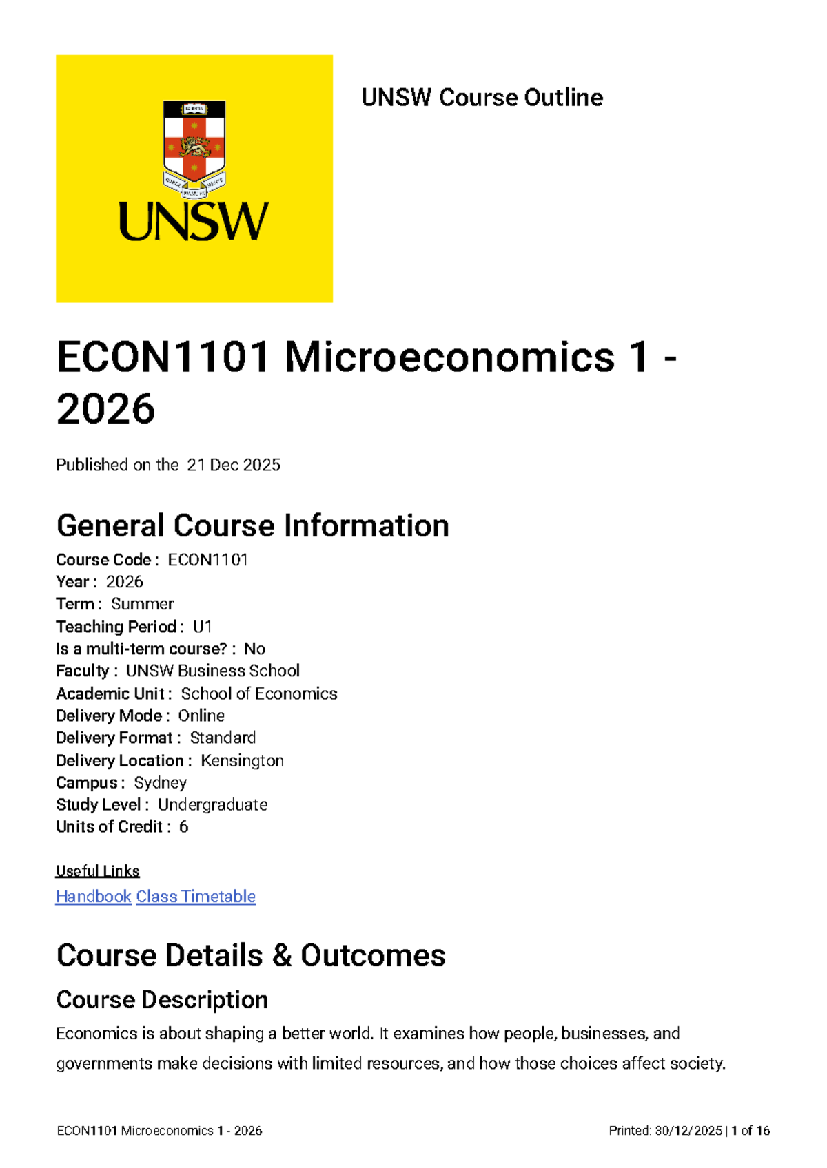 ECON1101 Microeconomics 1 Course Outline - Summer 2026 (Online) - Studocu