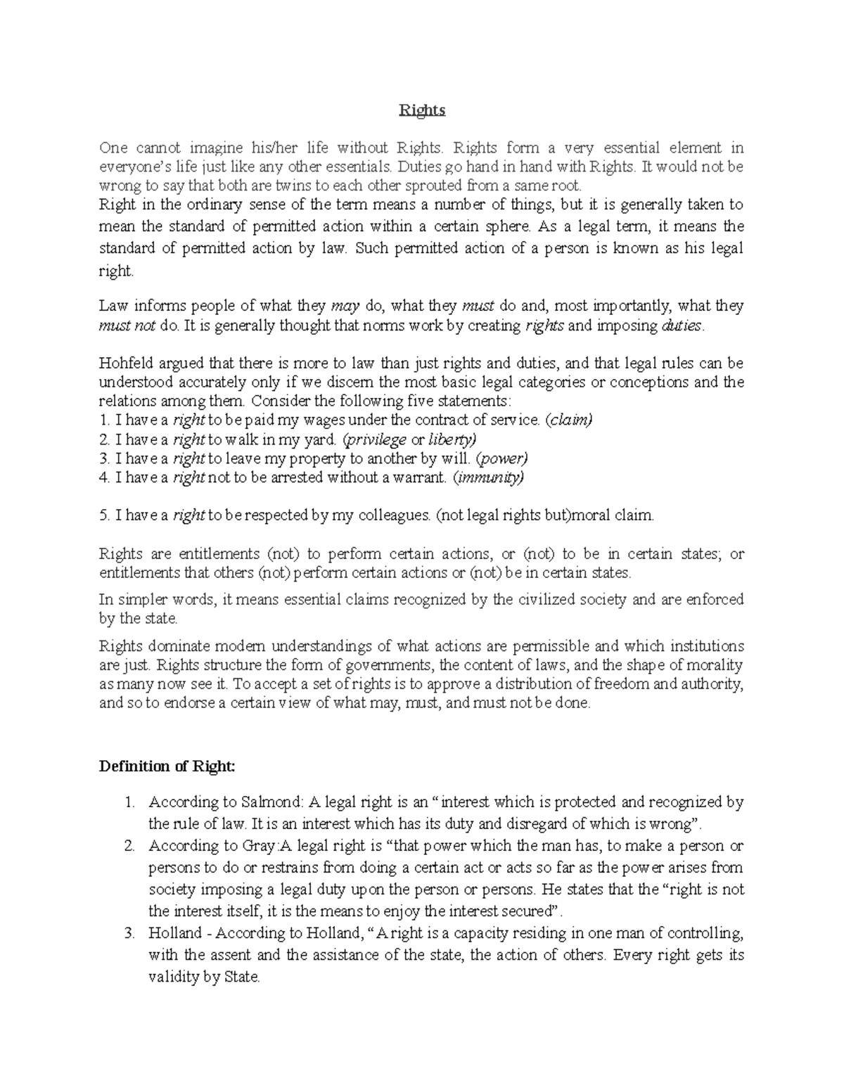 Theories of legal rights jurisprudence - Rights One cannot imagine his ...